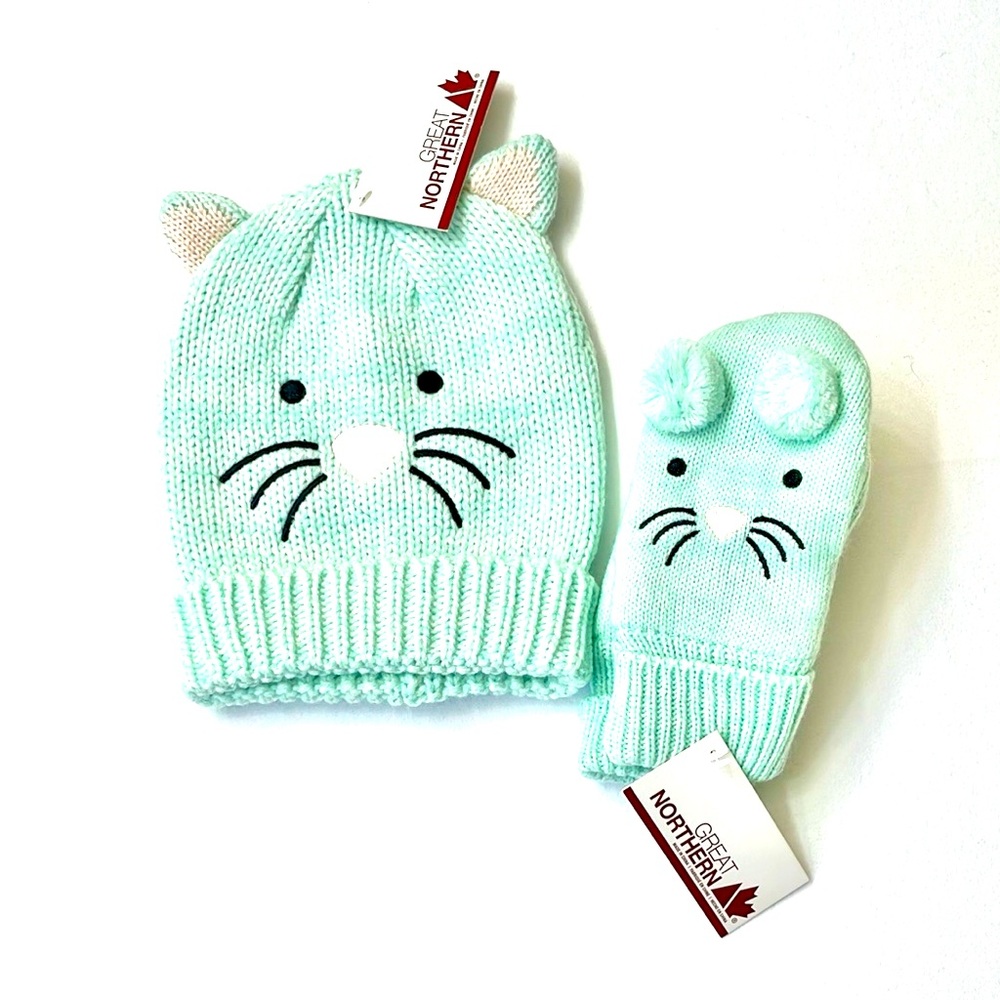 NWT Great Northen Kids Kitty Knit Hat And Mittens, Size 4-6X